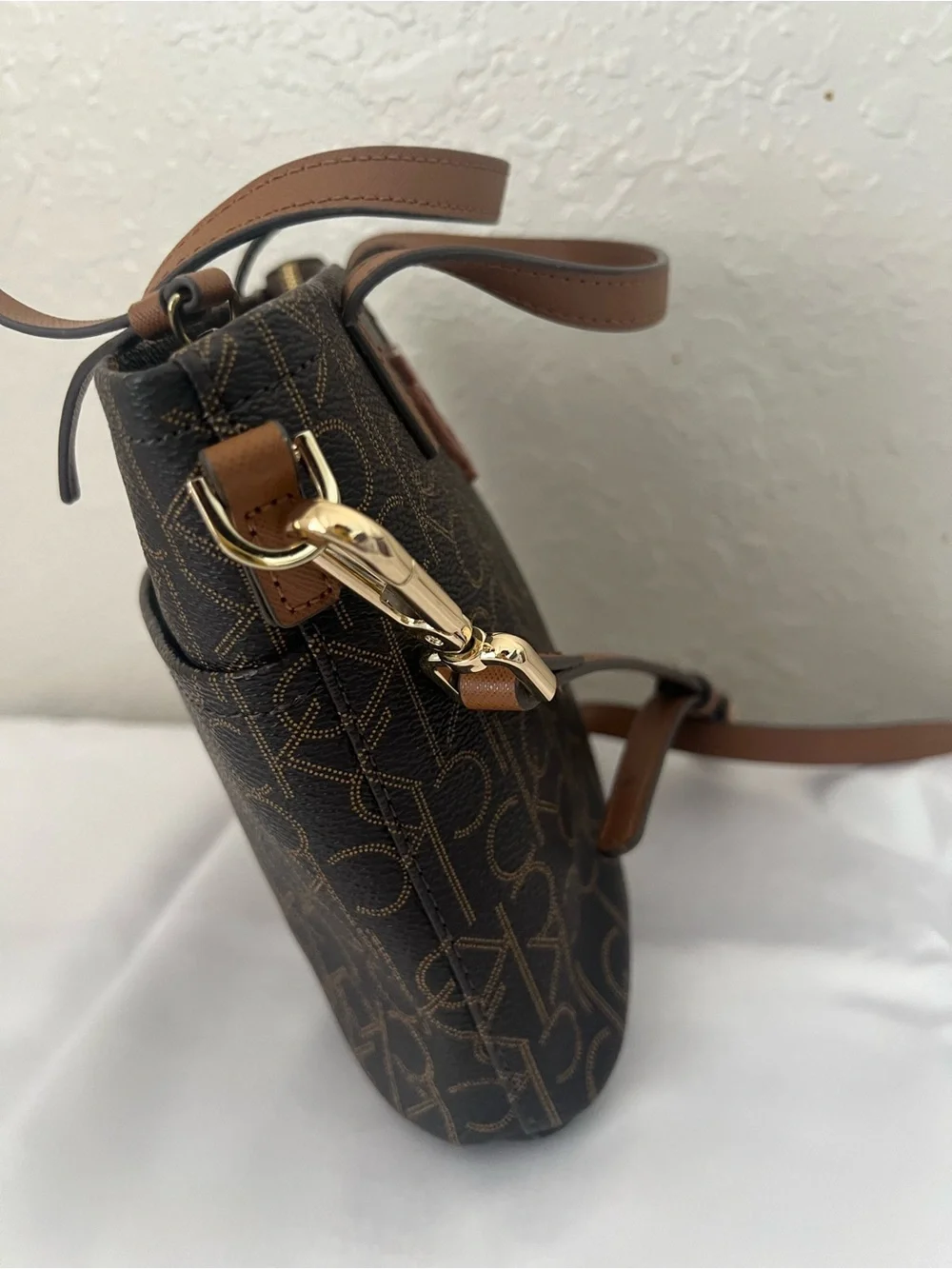 Calvin Klein Monogram Mini Tote Crossbody Bag Brown